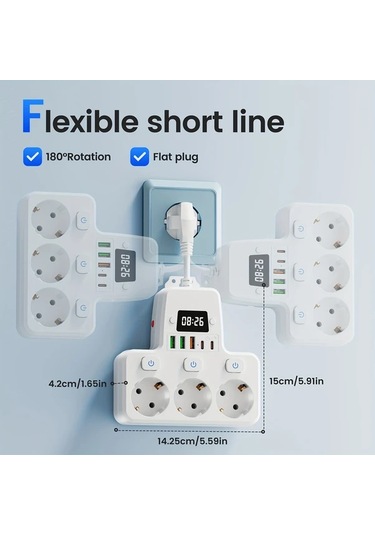 Xuweiwei 9lu 1 Arada Dijital Saatli Ayarlanabilir Zamanli Ab Guc Panosu Beyaz 3 Ac Priz 3 Usb 2 Tip C Portu Asiri Yuk Korumali Ev Ofis Seyahat Icin