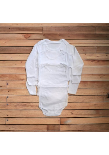 Çıtçıtlı Bebek Body Zıbın Uzun Kollu Pamuklu Fitilli Beyaz 3 Adet Beyaz