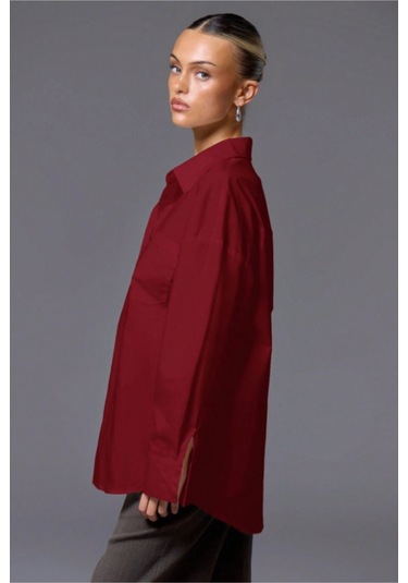 Tarz Cool Kadın Oversize Gömlek Uzun Kollu Basic Salaş Kesim Poplin Trend Şık Günlük Gömlek Bordo