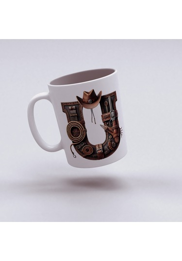 U Harfi Kovboy Temalı Bardak 330 Ml İsim / Harf Kişiye Özel Hediye - Vahşi Batı Konsept Beyaz