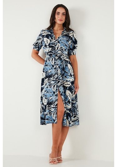 Lela Desenli Relaxed Fit Balon Kol Yırtmaçlı Kemerli Midi Boy Bayan Elbise 67810558 Saks