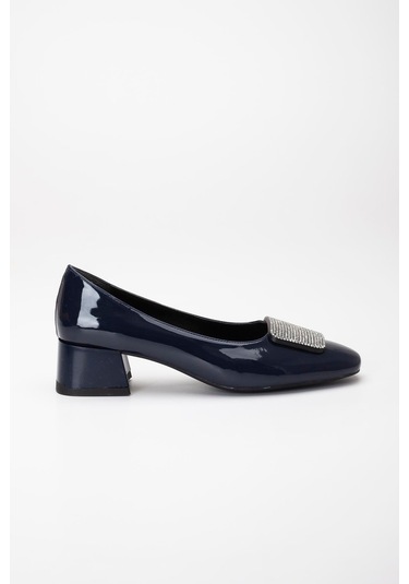 Büyük Numara Rugan Kare Taşlı Lacivert Kadın Kısa Topuklu Ayakkabı-3256 Lacivert