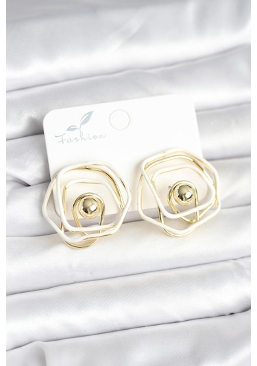 Pirinç Gold Renk Beyaz Mineli Geometrik Gül Model Kadın Küpe Çok Renkli