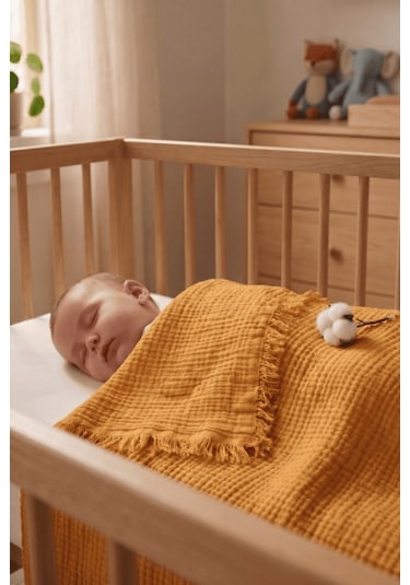 Müslin Püsküllü 4 Katlı Müslin Battaniye 90x120 Cm - Ze4katlı Turuncu