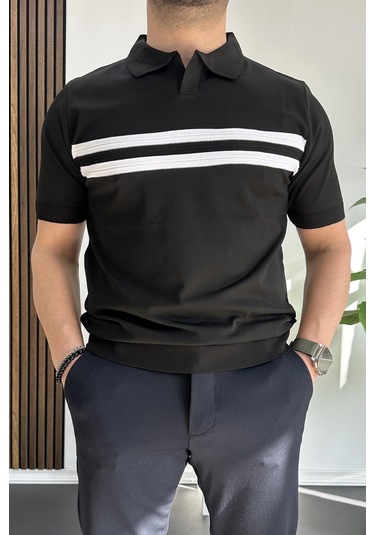 Erkek Açık Yaka Çizgli Tişört Siyah Edw236 Siyah