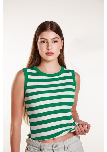 Kadın Yeşil Beyaz Çizgili Fitilli Likralı Sıfır Kol Bisiklet Yaka Örme Atlet Tshirt Bluz Yeşil - Beyaz