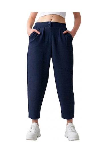 Thiff Gymwear Çift Düğmeli Havuç Model Bilek Boy Kadın Kumaş Pantolon Lacivert