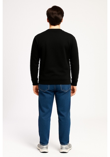 Vatan Tekstil İçi Polarlı Hafif Dar Kalıp Bisiklet Yaka Erkek Basic Sweatshirt Siyah