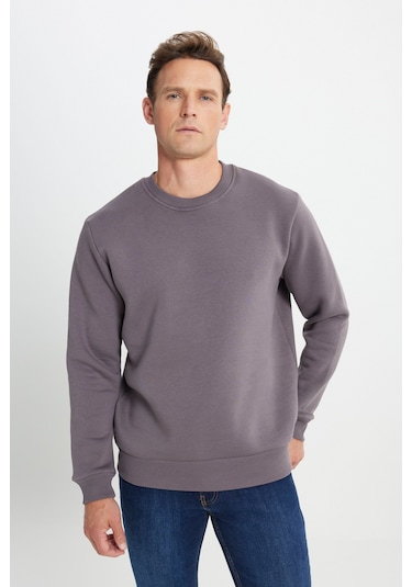 AC&Co / Altınyıldız Classics Erkek Koyu Grı Standart Fit Normal Kesim İçi Polarlı Bisiklet Yaka Sweatshirt Koyu Gri