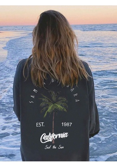 Santa Barbara Kışlık Kalın Sweatshirt - Füme Baskılı Oversize Kalın Kışlık Bisiklet Yaka Füme