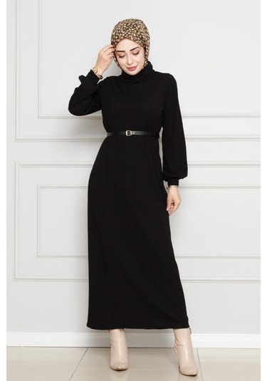 Balıkçı Yaka Kemerli Elbise-siyah-4552 Siyah