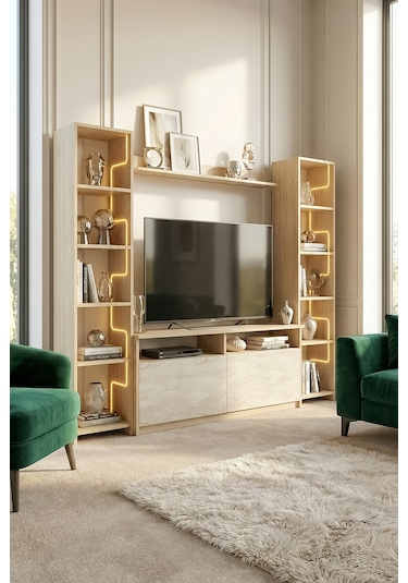 Labirent Ledli Duvar Tv Ünitesi Traverten Kapak Açık Meşe