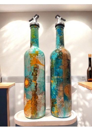 El Yapımı Soyut Kadın Portresi Ve Çiçek Motifli Vintage Yağdanlık Set, Mutfak Sosluk, Sirkelik Yeşil