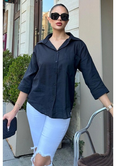 Kadın Siyah Truvakar Kol, Oval Kesim, Terletmez, Flamlı Keten Salaş Gömlek Siyah