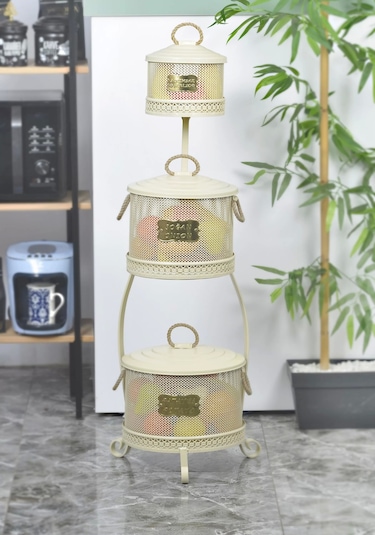 Metal Standlı 3 Katlı Delikli Patates Soğan Sarımsak Kovası Krem Çok Renkli