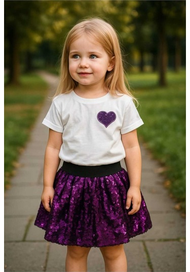 Kız Çocuk Mor Kalp Desenli Pullu Pamuklu Prenses Takım Mor