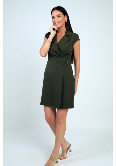 Kadın Kruvaze Yaka Toka Detaylı Eteği Pileli Likralı Krep Elbise-40381 Haki