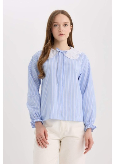 DeFacto Regular Fit Geniş Yakalı Çizgili Poplin Uzun Kollu Gömlek Tunik E4354AX25SPBE40 Mavi