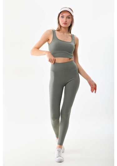 Kallima Haki Toparlayıcı Yüksek Bel Fitilli Spor Tayt-crop Takım Haki