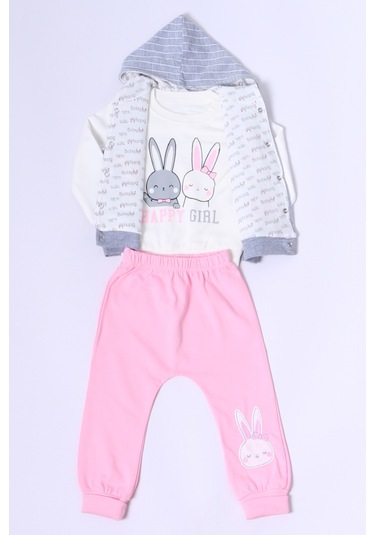 Kız Bebek Yelekli Takım Kapşonlu Çıtçıtlı Tavşan Baskılı A15 Pembe