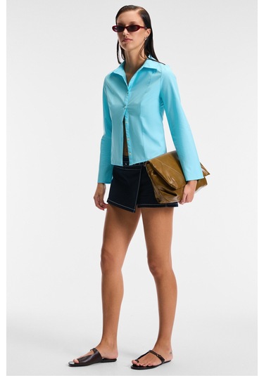 GRINNE Kadın Slim Gömlek Yaka Uzun Kollu İnce Uzun Mavi Gömlek