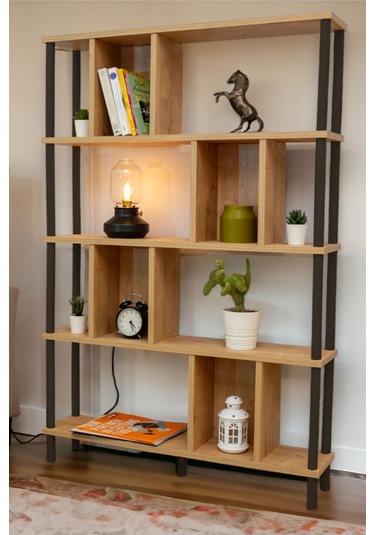 Yüksek Kalite 5 Raflı Kitaplık Ahşap Ayaklı Klasörlük Mutfak Rafı Çok Amaçlı Düzenleyici Raf Safir Meşe