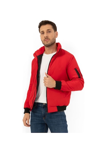 Erkek Kırmızı İçi Astarlı Dik Yaka Mevsimlik Cepli Su Ve Rüzgar Geçirmez Mont Kırmızı