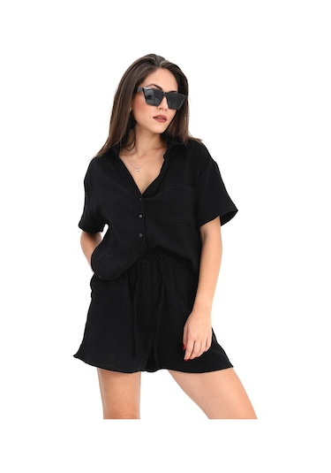 Takım Müslin Gömlek Şort - Siyah-siyah Siyah