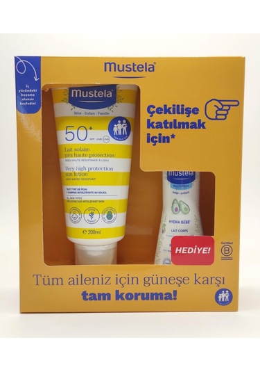Mustela SPF50+ Güneş Losyonu 200 ML + Hydra Bebe Body Lotion 100 ML Mustela SPF50+ Güneş Losyonu 200 ML + Hydra Bebe Body Lotion 100 ML