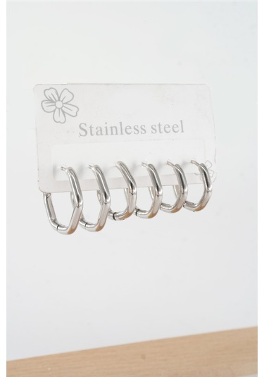 Kadın 316 L Çelik Anti Alerjenik Beşgen Model 3 Boy 1.8cm / 2.2 Cm /2.5 Cm Klipsli 6'lı Set Küpe -5129 Gümüş