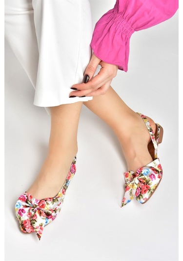 Fox Shoes Beyaz/kırmızı Saten Kumaş Çiçek Baskı Kadın Babet H726809004 Beyaz/kırmızı Beyaz - Kırmızı