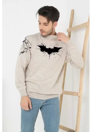 Unisex Yarım Boğazlı Baskılı Dokuma Triko -bej Bej