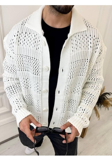 Elku Moda Hırka Oversize Özel Örgülü Triko Desenli Salaş Örgü Hırka Beyaz