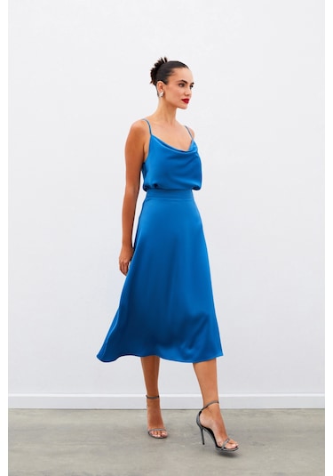 Sateen Midi Boy Saten Etek - İndigo-134963 İndigo