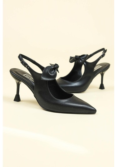 Fiyonklu Arkası Açık Stiletto Siyah-siyah Siyah