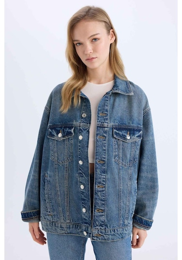 DeFacto Oversize Geniş Kalıp Jean Ceket D8664AX25SPNM28 Mavi