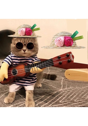 Köpekler Ve Kediler İçin Çiçek Dekorlu Mini Geniş Kenarlı Hasır S