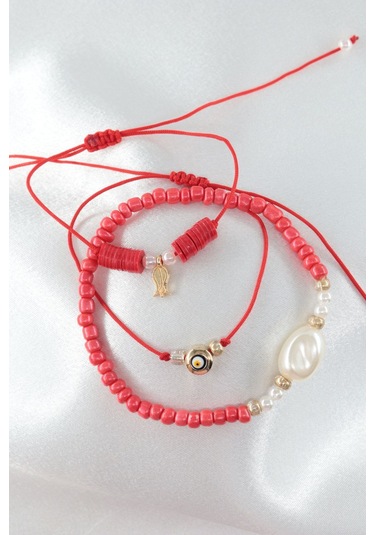 3lü Laleli İncili Nazar Boncuklu Asansörlü Lastikli İp Bileklik. Boncuklu Kadın İp Bileklik Halhal Çok Renkli