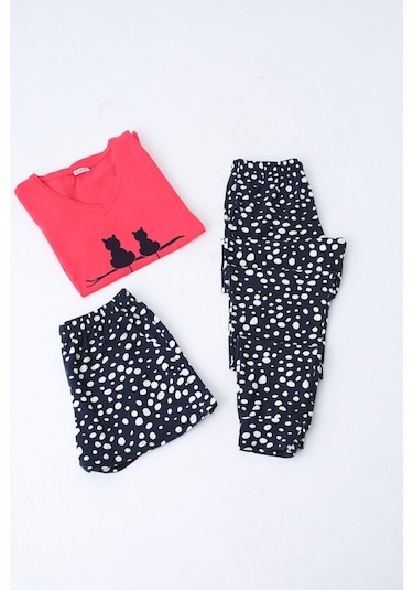 Kadın Şortlu Ve Uzun Pijama Takımı Kısa Kollu 3 Lü Set Likralı Cepli Nar