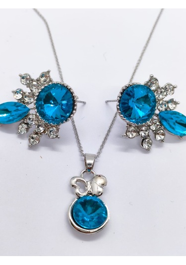 Sapphire Store Gümüş Renk Mavi Taşlı Kolye Küpe Seti Gümüş