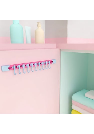 Yapışkanlı Portatif, Mobilya, Duvar, Dolap, Banyo Organizer Askılık, 10 Kancalı, 30 Cm, Pembe