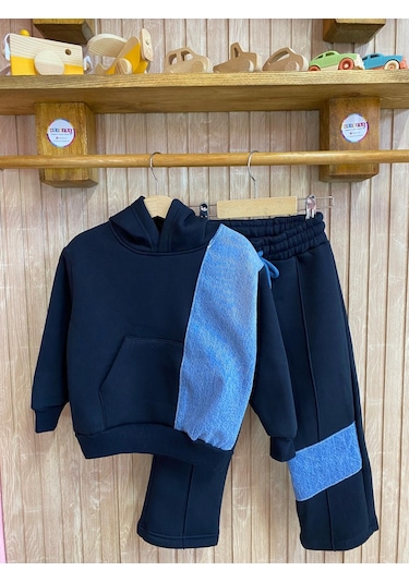 Kot Garnili Çımalı Tarz Kapüşonlu Kız Çocuk Eşofman Takım Siyah