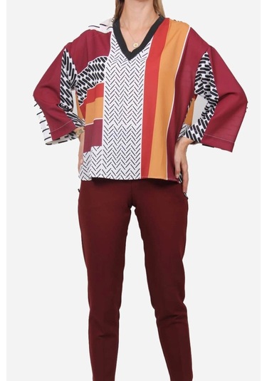 Kadın Geometrik Desenli Blok Renkli Bluz Frn1103 Kırmızı