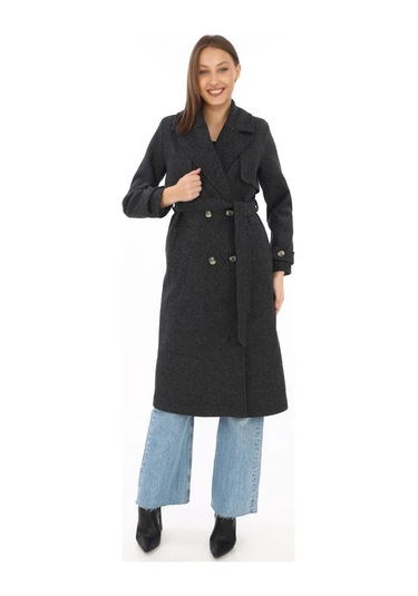 Premium Kadın Kaşe Kaban Uzun Boy, Balık Sırtı Yünlü Kaşmir Dokuma, Kruvaze Kuşaklı Astarlı - Siyah Siyah
