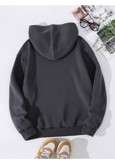 Düz Basic Kalın Kışlık Sweatshirt - Füme Oversize Kapüşonlu Füme