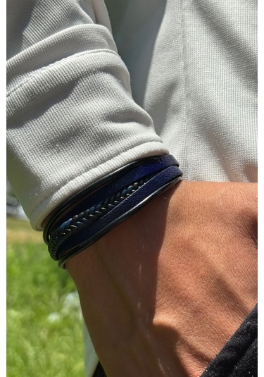 Mavi Siyah Örgülü El İşçiliği İle Üretilmiş Hakiki Deri Erkek Bileklik Mavi - Siyah