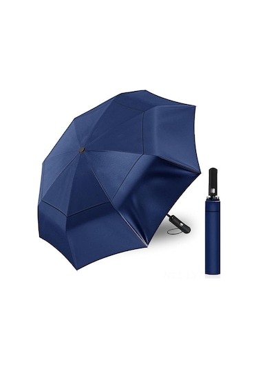 62 İnç Büyük Katlanır Güneş Şemsiyesi, Otomatik Açılır Kapalı, Çift Katmanlı, Uv Koruma, Seyahat Şemsiyesi Mavi