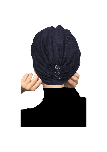 Dizayn Tüllü Kristal Taş İşlemeli Çift Taraflı Astarlı Lacivert Hazır Türban Tesettür Abiye Bone Lacivert