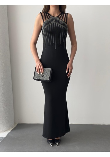 Ge Ticaret Kadın Omuz Çoklu Askılı Önü Taş Işlemeli Balık Kesim Janjan Krep Maxi Boy Elbise Siyah