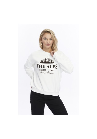 Gidia Kadife The Alps Desenli Ekru Yumuşak Dokulu Regular Fit Bisiklet Yaka Kadın Sweatshirt Ekru